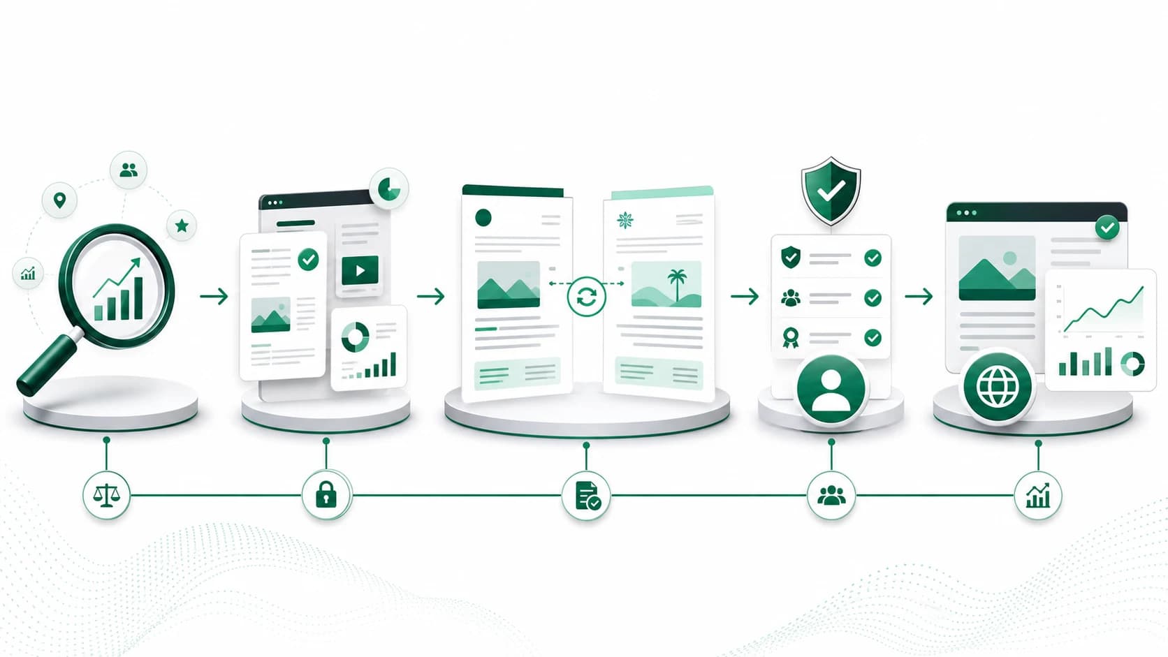 Visual workflow from search opportunity discovery through content and evidence checks, bilingual drafts, validation and approval, publishing and monitoring.