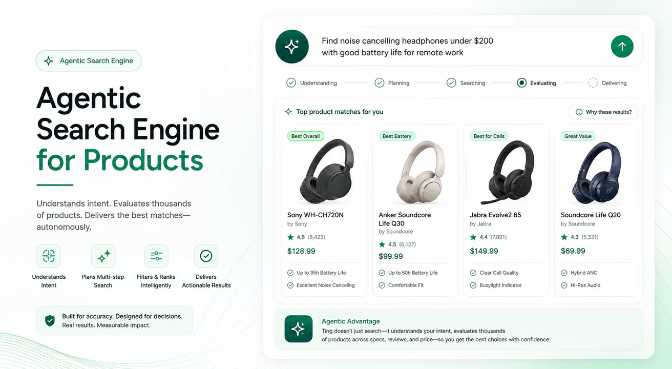 A product-search reference interface showing a natural-language headphone request, agentic search stages, and grounded product recommendations.